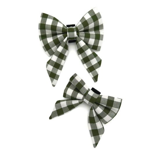 Forest Green Gingham Sailor Dog Bow