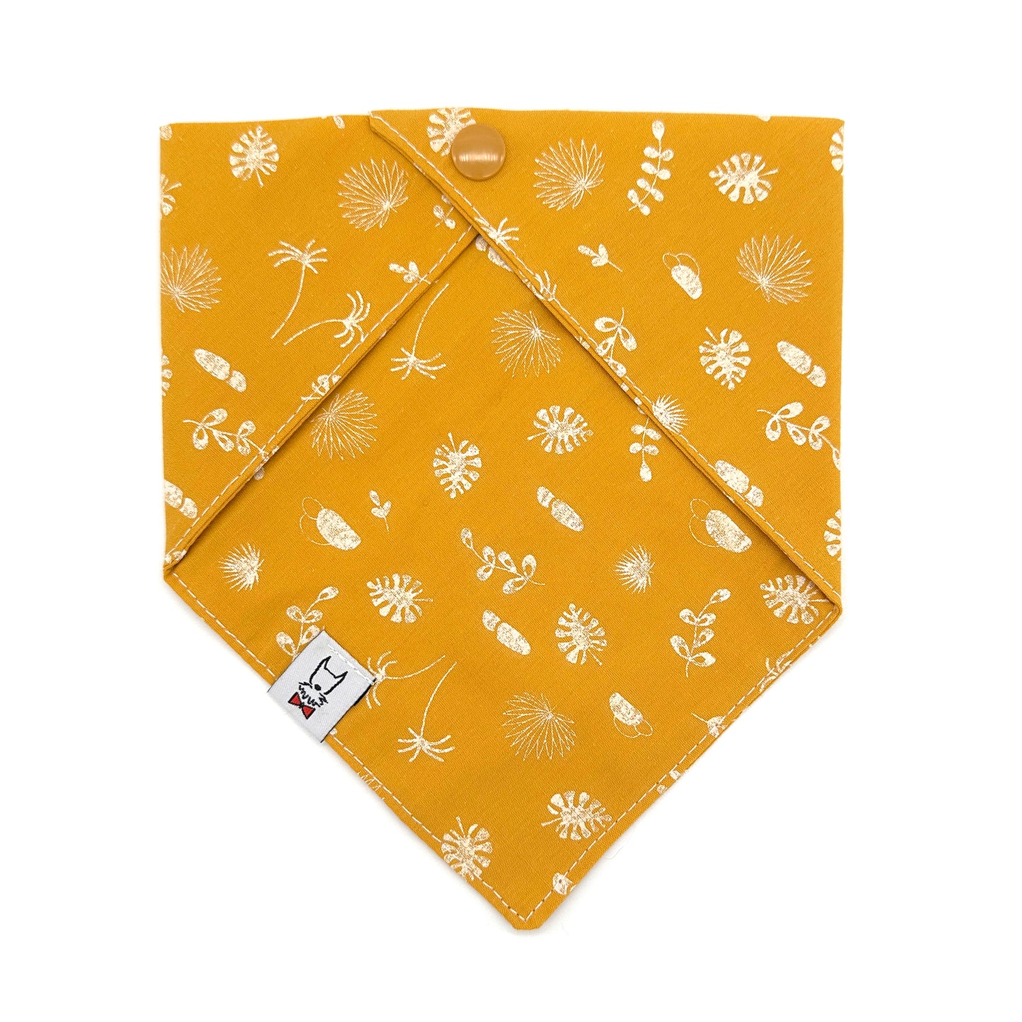 Yellow bandana with white floral pattern on a white background