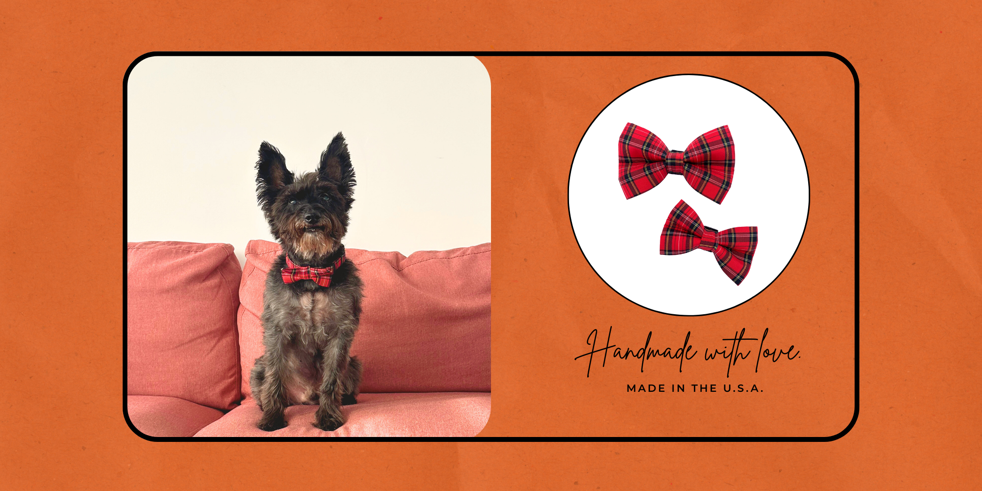 Dog wearing a red bow tie sitting on a pink couch with plaid bow ties and 'Made in the USA' text on an orange background.