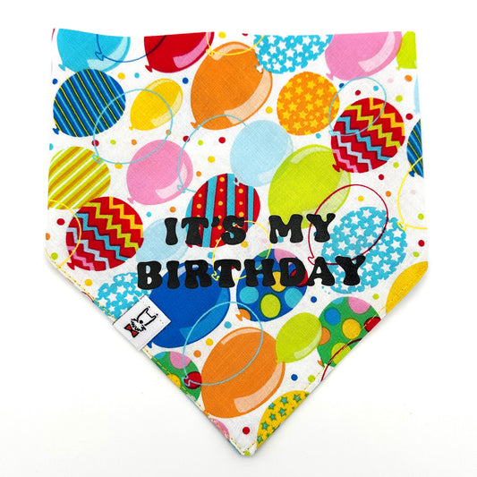 Colorful bandana with balloons and 'It's My Birthday' text on a white background