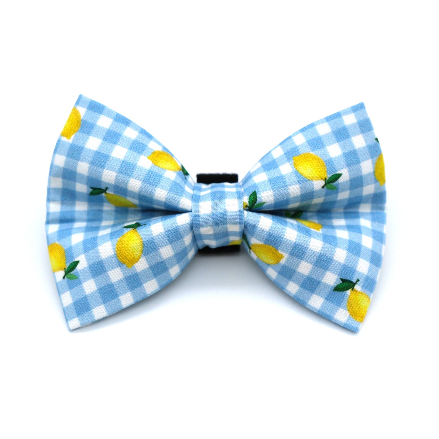 A light blue and white gingham bow tie featuring a yellow lemon print, displayed on a clean white background.