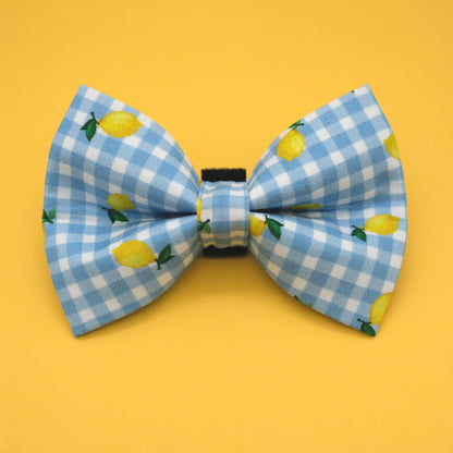 Lemon Blue Gingham Dog Bow Tie