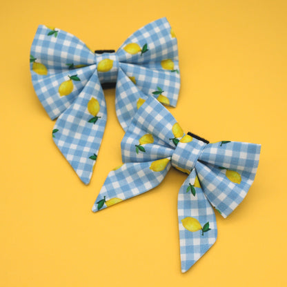 Lemon Blue Gingham Sailor Dog Bow