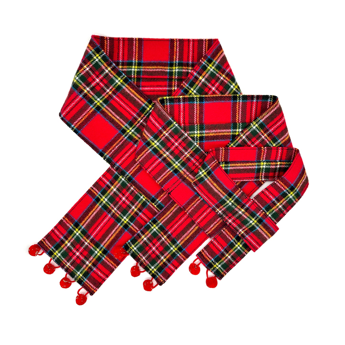 Red plaid scarf with pom-pom details on a white background